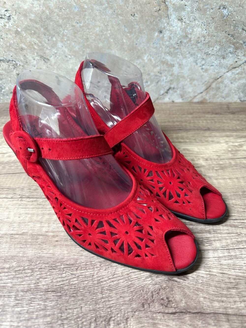 Arche LN Women Sandals Red Suede Peep Toe Slingback Heels Cutout Floral Shoes 40